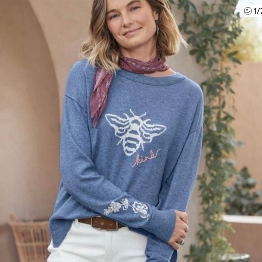 Sundance Bee Kind Sweater Crew Neck Floral Embroidered Blue Size XS